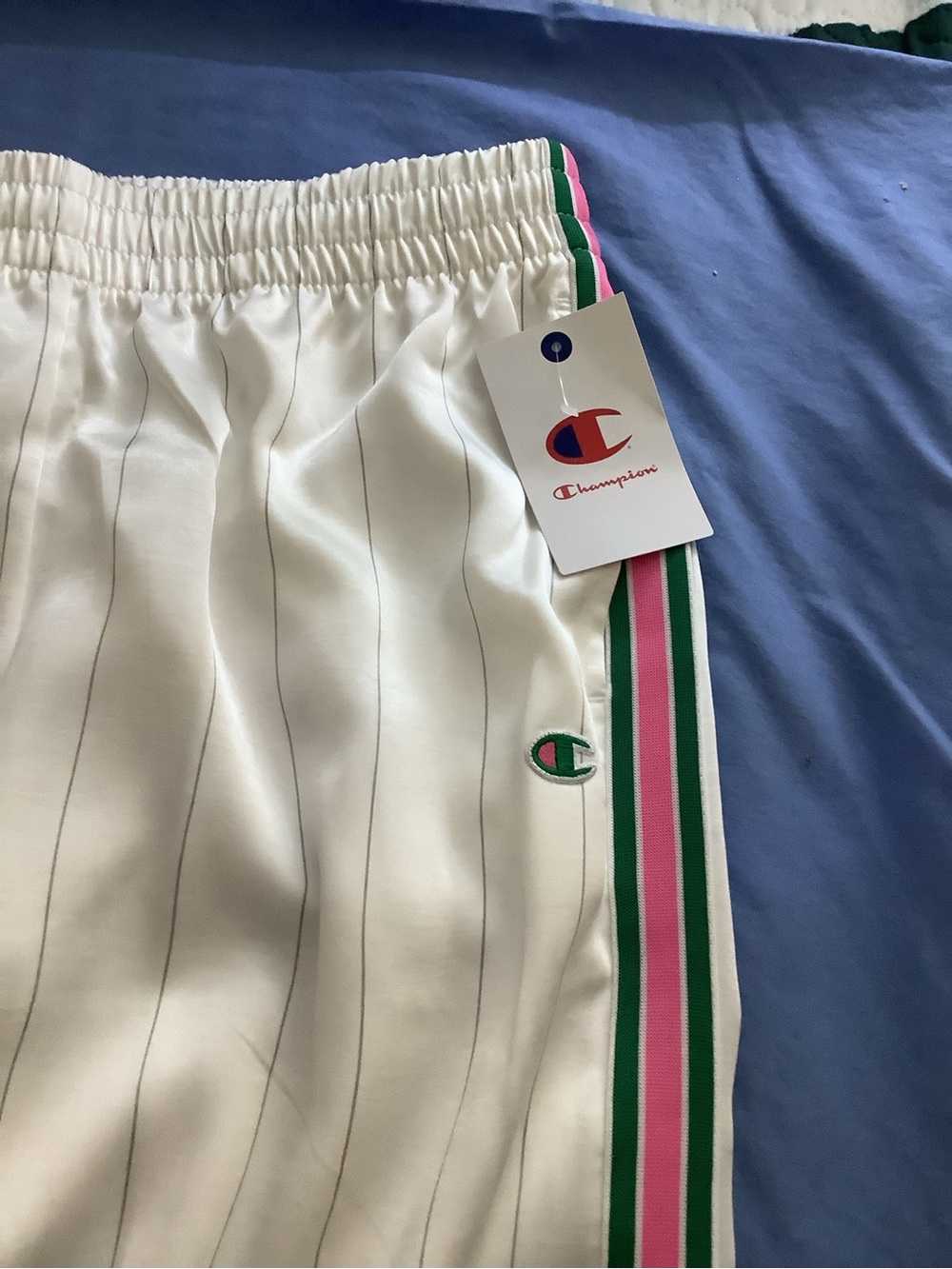 (NWT)Champion White Pinstripe Track Pants with Green & Pink Side Stripes - Picture 2 of 5